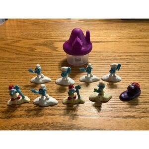 2017 Peyo Smurfs McDonalds PVC 9pc Mushroom House Papa Smurf Smurfette Brainey